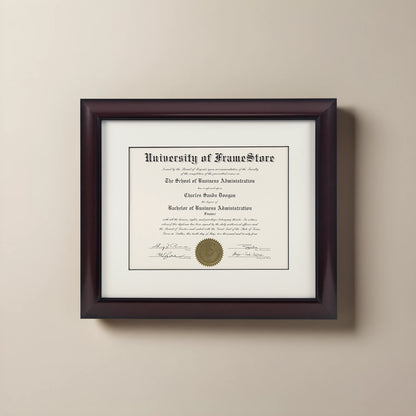 Classic Mahogany Diploma Frame - Dove Matboard - Straight-On Display