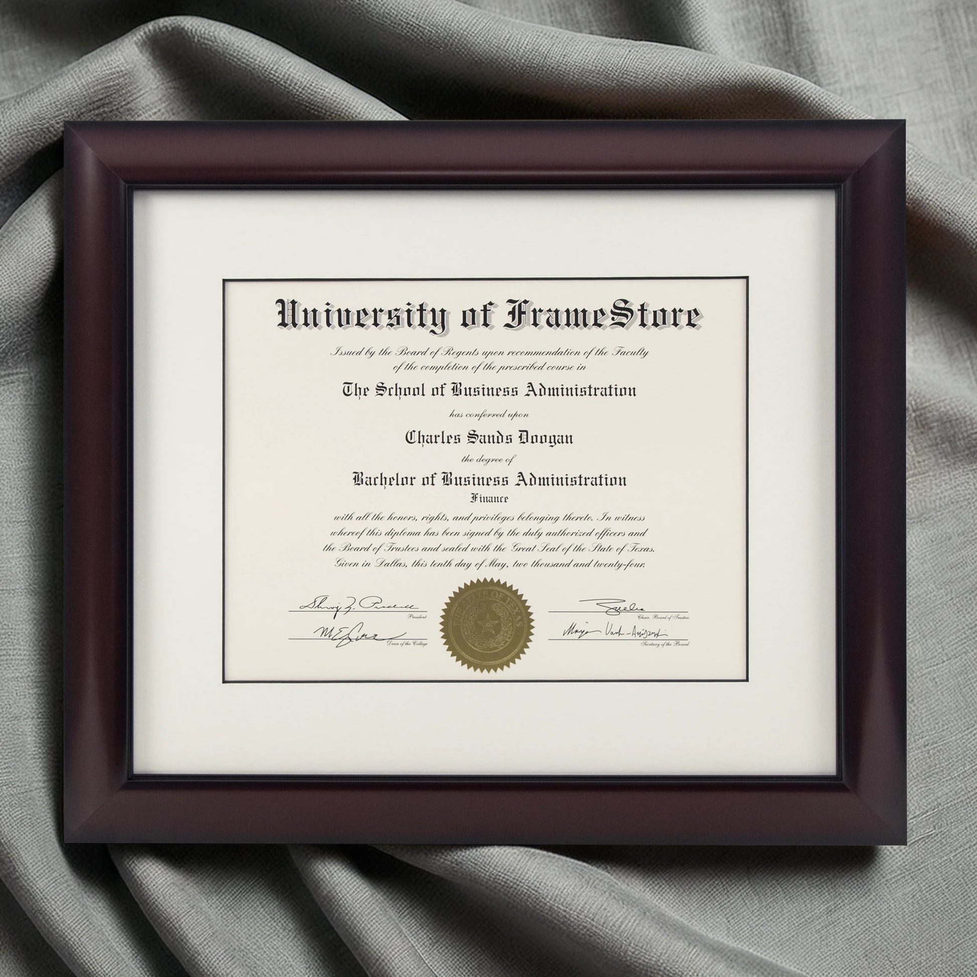 Classic Mahogany Diploma Frame - Dove Matboard - Luxurious Finish Against Soft Fabric