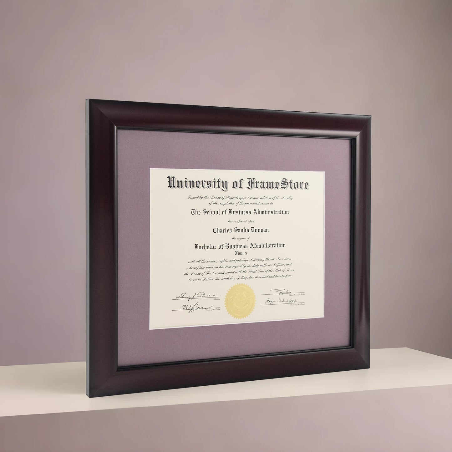 Classic Mahogany Diploma Frame - Lillac Matboard - Angled Perspective for Depth