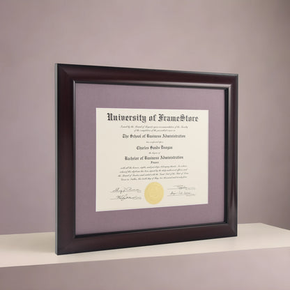 Classic Mahogany Diploma Frame - Lillac Matboard - Angled Perspective for Depth