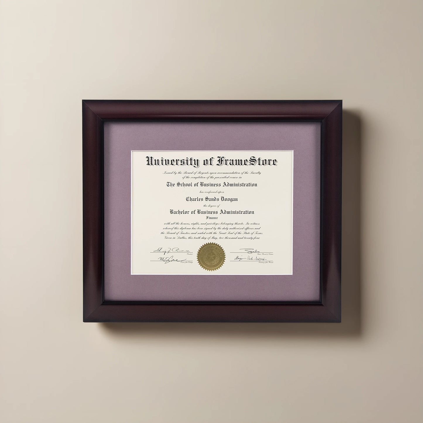 Classic Mahogany Diploma Frame - Lillac Matboard - Straight-On Display