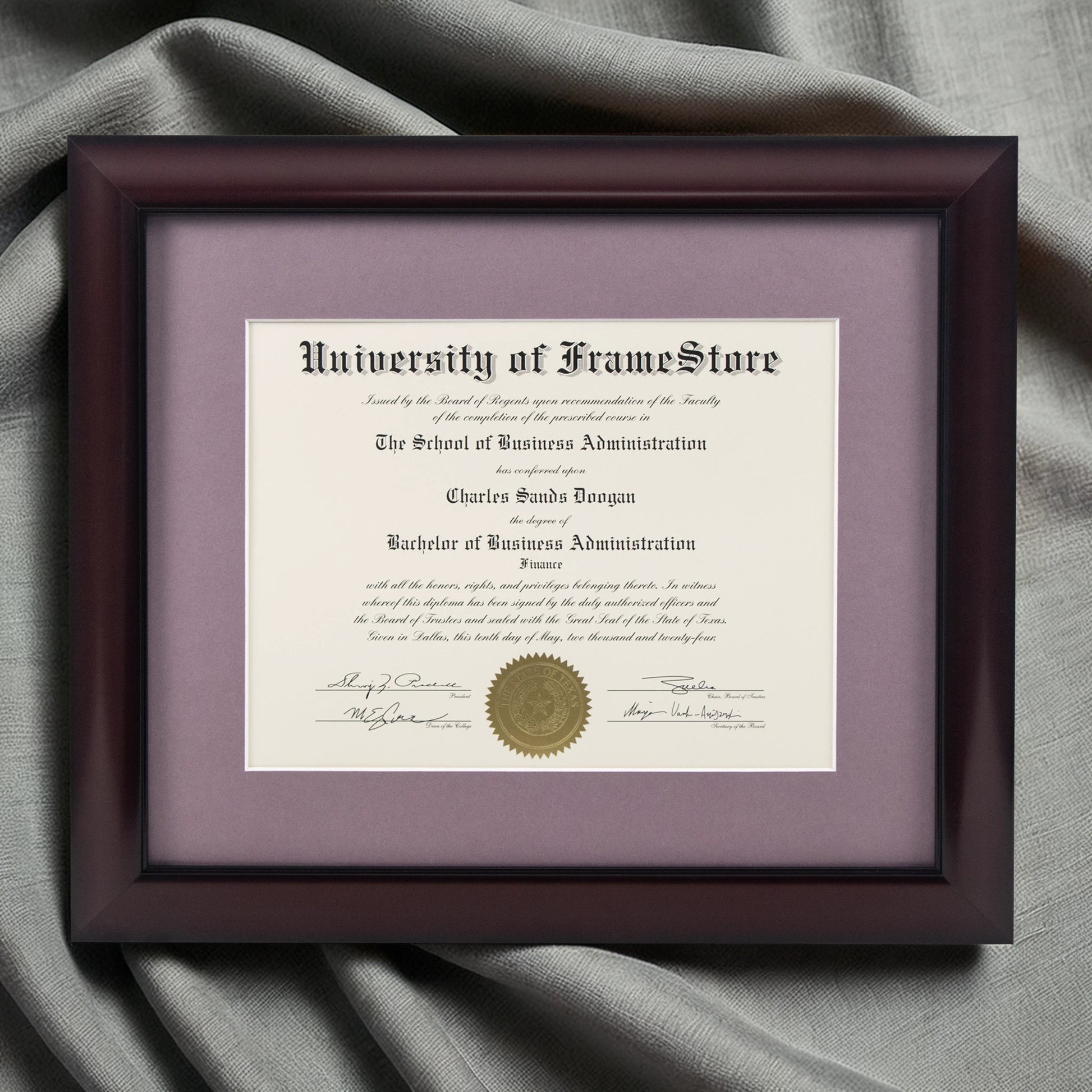 Classic Mahogany Diploma Frame - Lillac Matboard - Luxurious Finish Against Soft Fabric