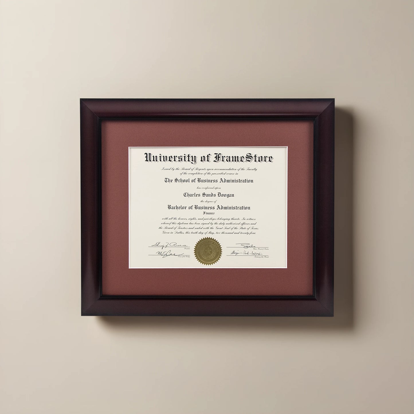 Classic Mahogany Diploma Frame - Deep Red Matboard - Straight-On Display