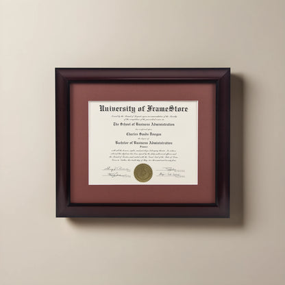 Classic Mahogany Diploma Frame - Deep Red Matboard - Straight-On Display