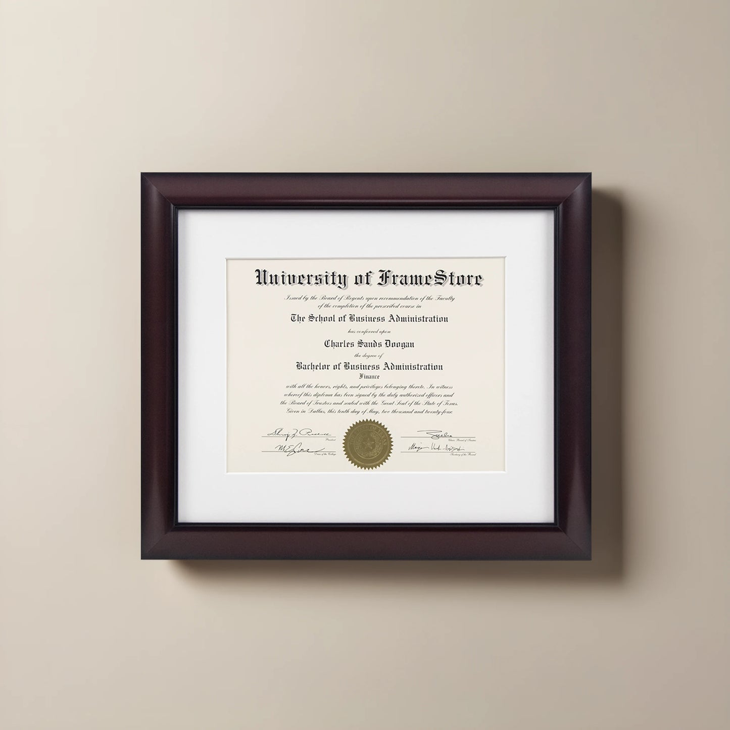 Classic Mahogany Diploma Frame - White Matboard - Straight-On Display