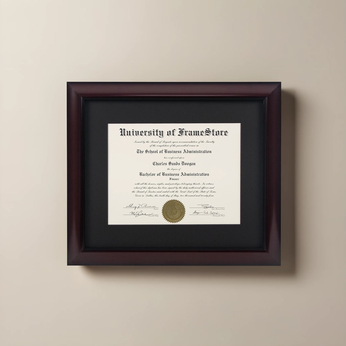 Classic Mahogany Diploma Frame - Black Matboard - Straight-On Display