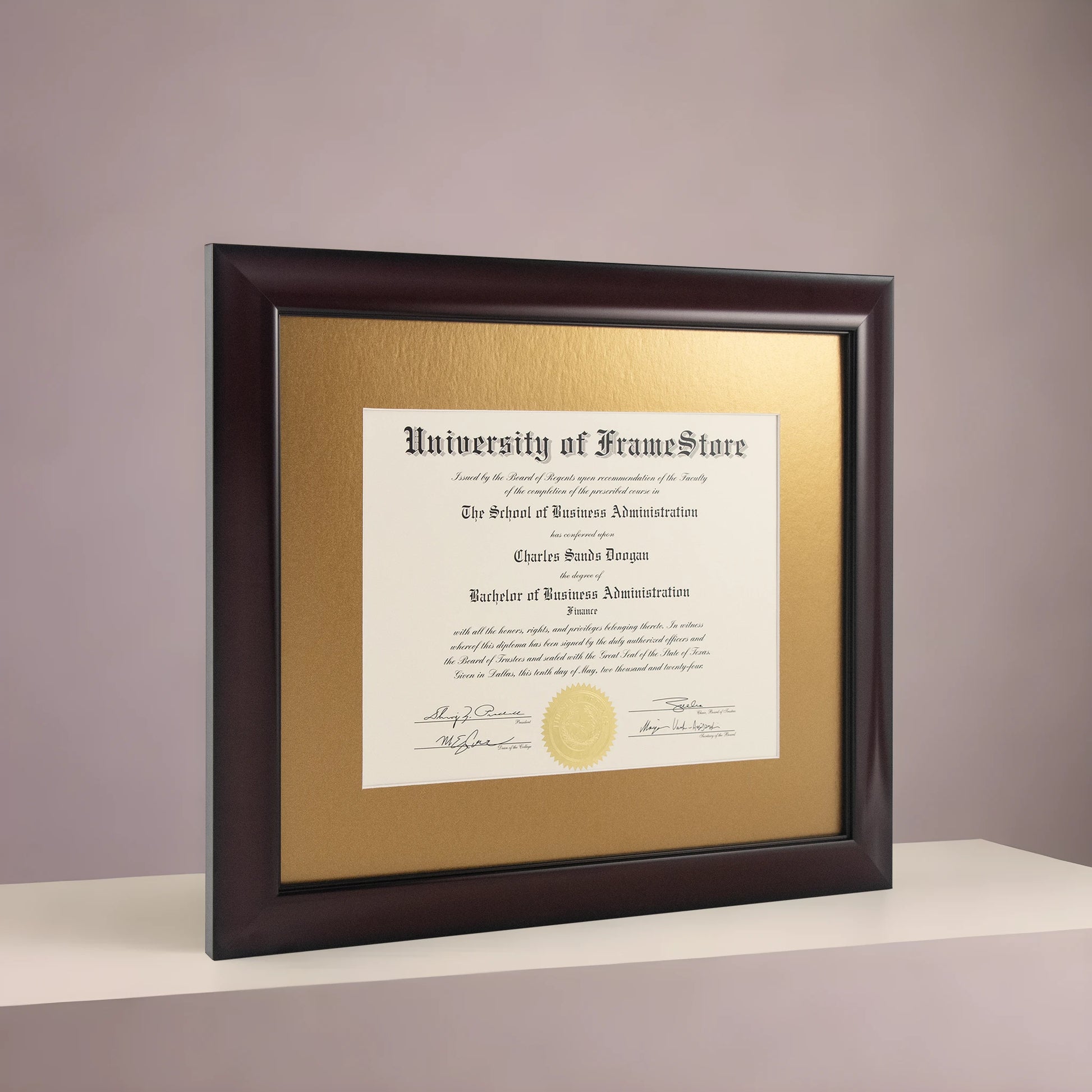 Classic Mahogany Diploma Frame - Gold Matboard - Angled Perspective for Depth