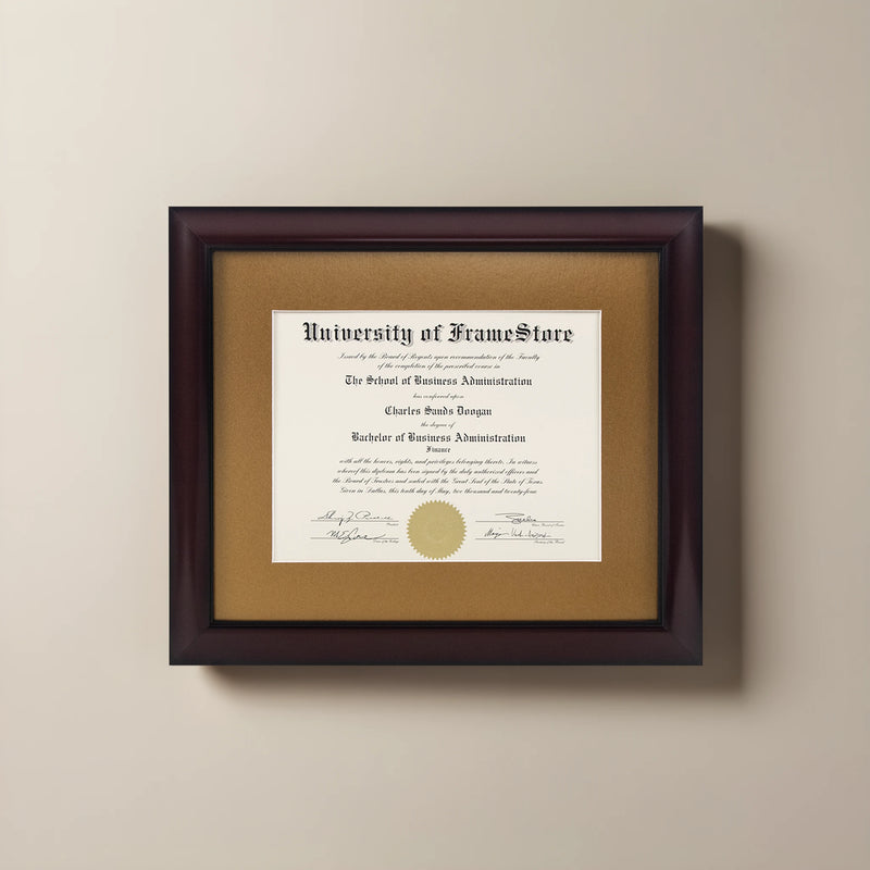 Classic Mahogany Diploma Frame - Gold Matboard - Straight-On Display