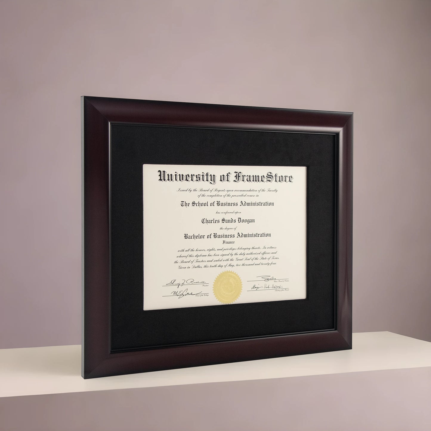 Classic Mahogany Diploma Frame - Black Cotton Matboard - Angled Perspective for Depth