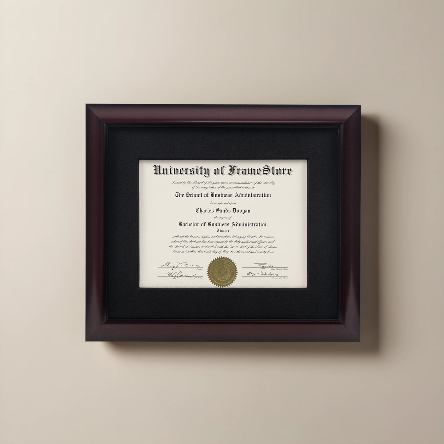 Classic Mahogany Diploma Frame - Black Cotton Matboard - Straight-On Display