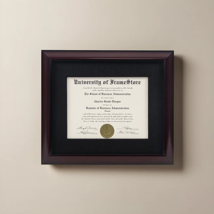 Classic Mahogany Diploma Frame - Black Cotton Matboard - Straight-On Display