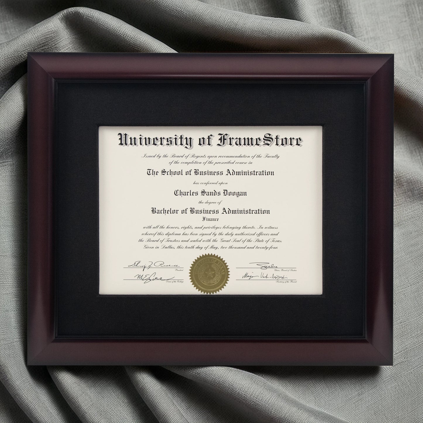 Classic Mahogany Diploma Frame - Black Cotton Matboard - Luxurious Finish Against Soft Fabric
