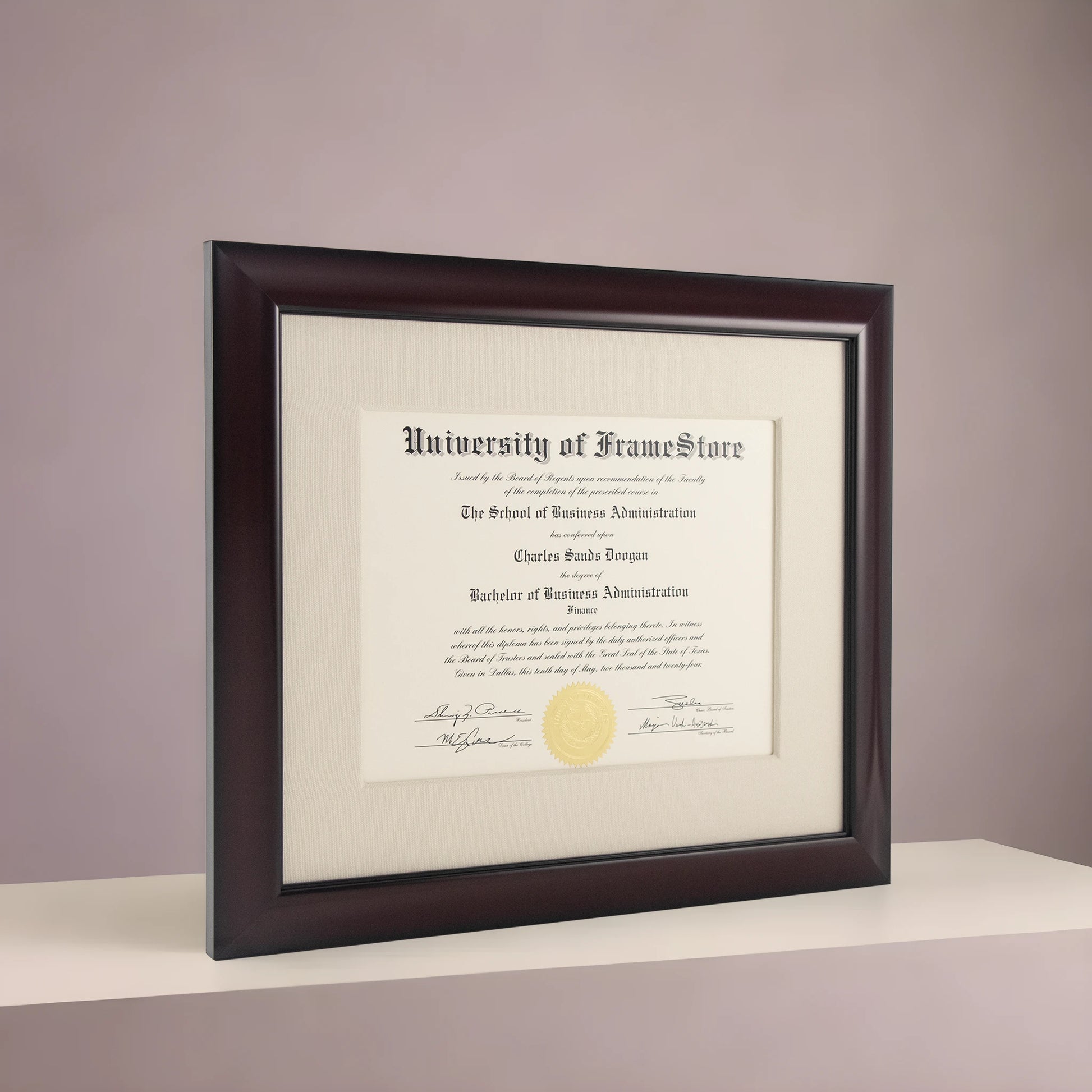 Classic Mahogany Diploma Frame - Off-White Cotton Matboard - Angled Perspective for Depth