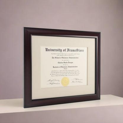 Classic Mahogany Diploma Frame - Off-White Cotton Matboard - Angled Perspective for Depth