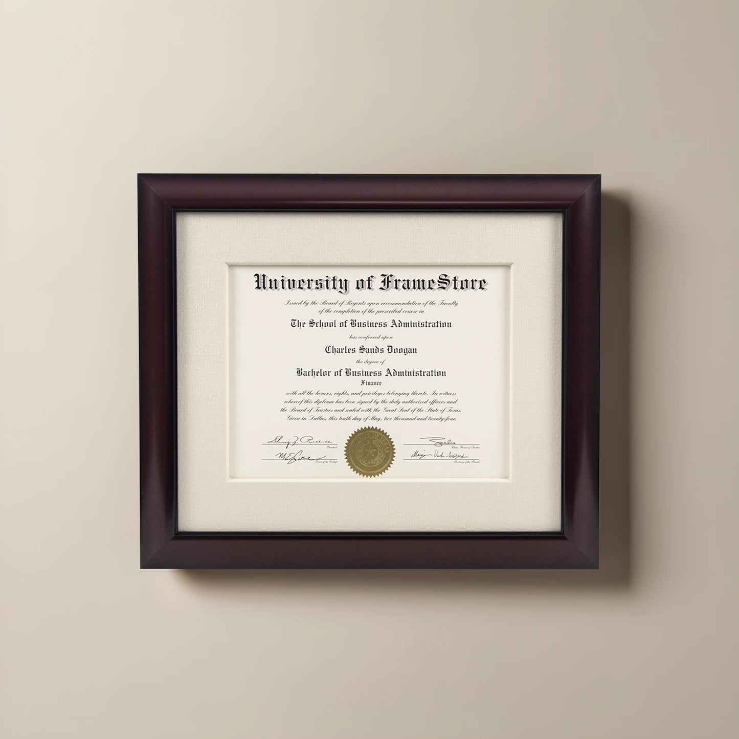 Classic Mahogany Diploma Frame - Off-White Cotton Matboard - Straight-On Display