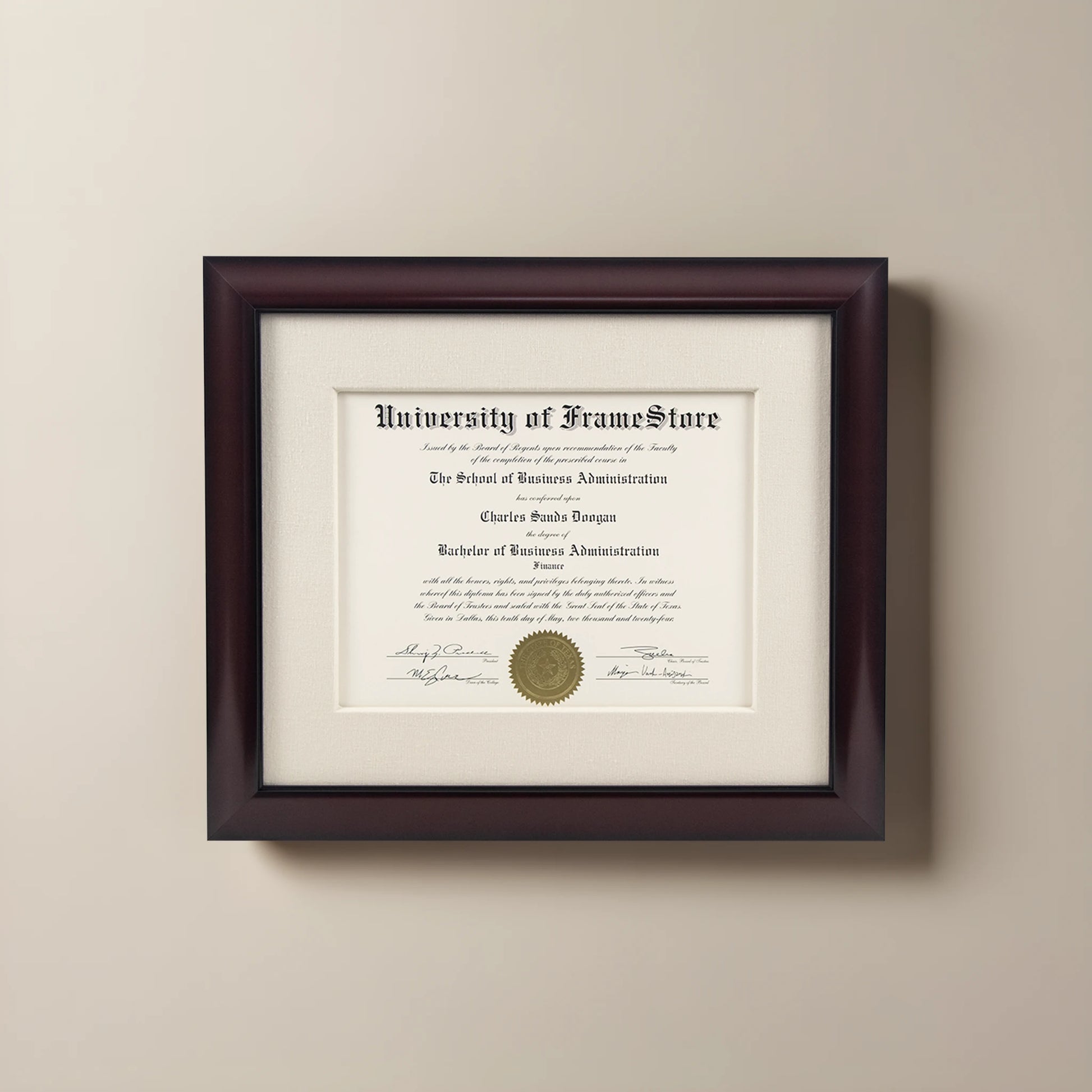 Classic Mahogany Diploma Frame - Off-White Cotton Matboard - Straight-On Display