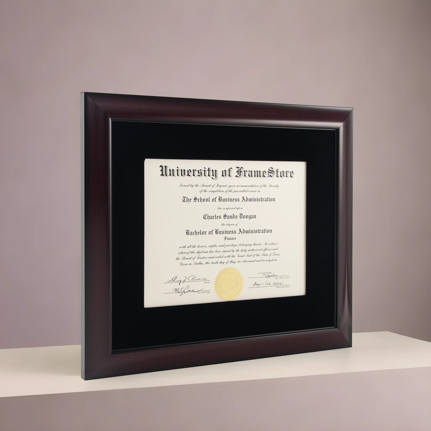 Classic Mahogany Diploma Frame - Black Velvet Matboard - Angled Perspective for Depth