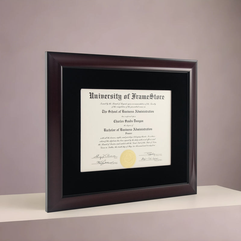 Classic Mahogany Diploma Frame - Black Velvet Matboard - Angled Perspective for Depth