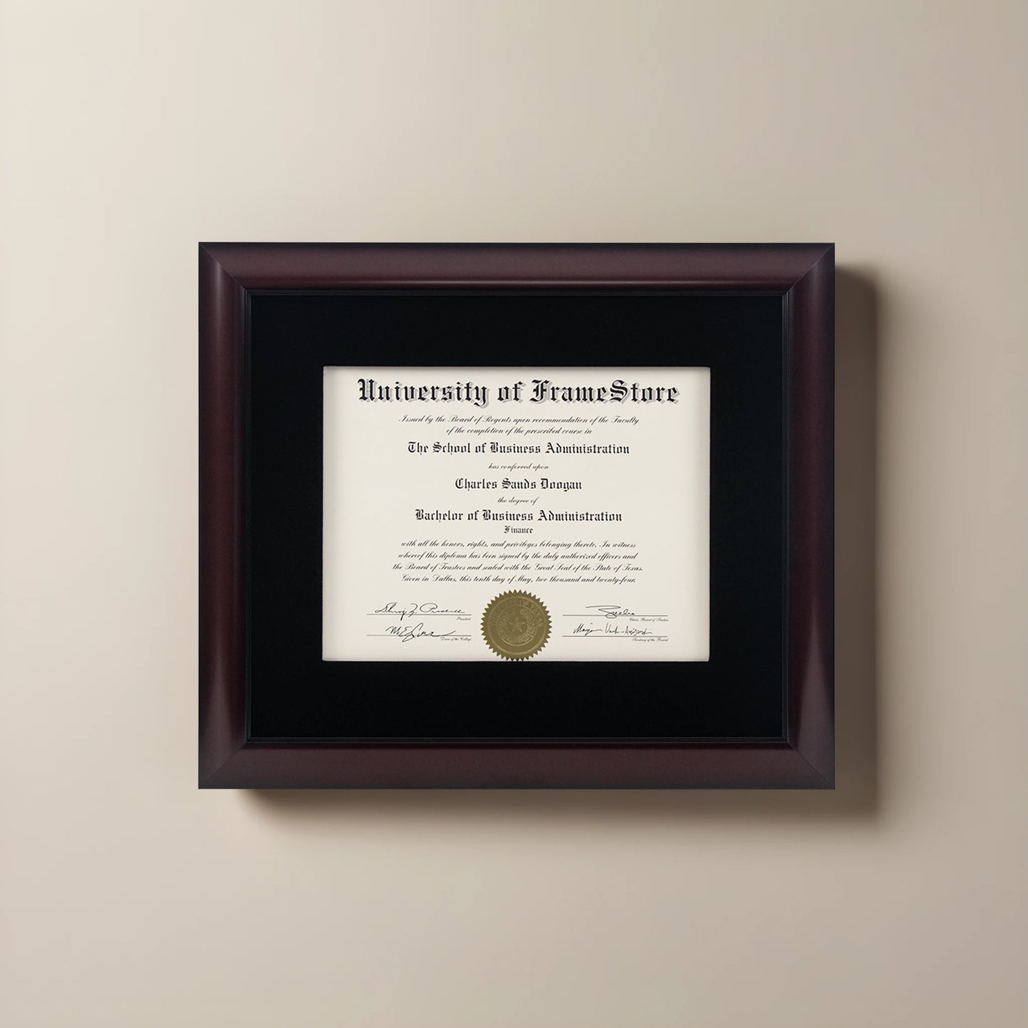 Classic Mahogany Diploma Frame - Black Velvet Matboard - Straight-On Display