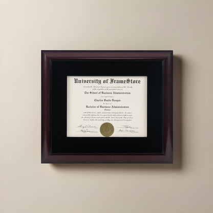 Classic Mahogany Diploma Frame - Black Velvet Matboard - Straight-On Display