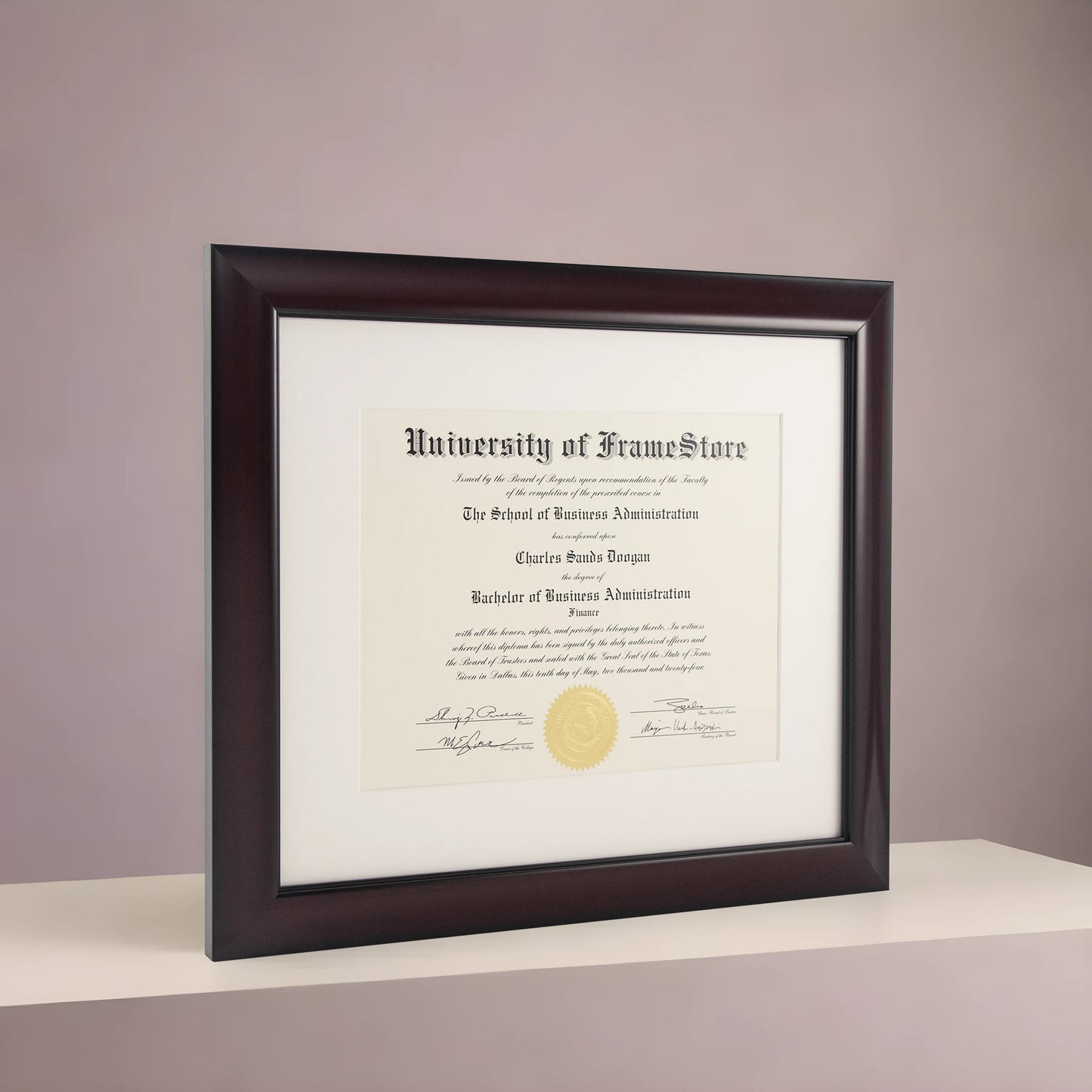 Classic Mahogany Diploma Frame - Off-White Matboard - Angled Perspective for Depth