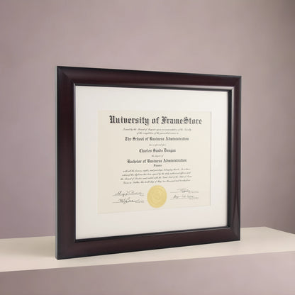 Classic Mahogany Diploma Frame - Off-White Matboard - Angled Perspective for Depth