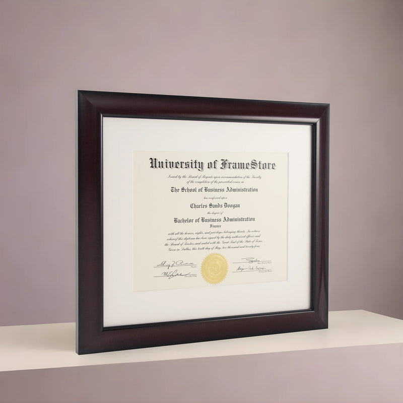Classic Mahogany Diploma Frame - Off-White Matboard - Angled Perspective for Depth