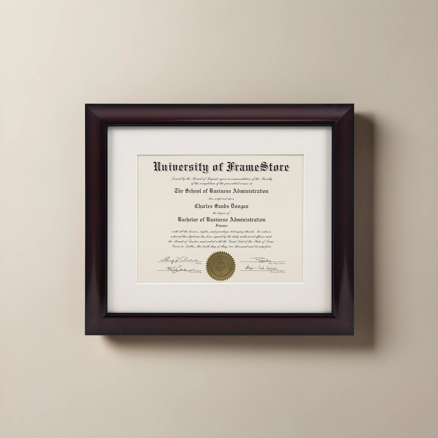Classic Mahogany Diploma Frame - Off-White Matboard - Straight-On Display