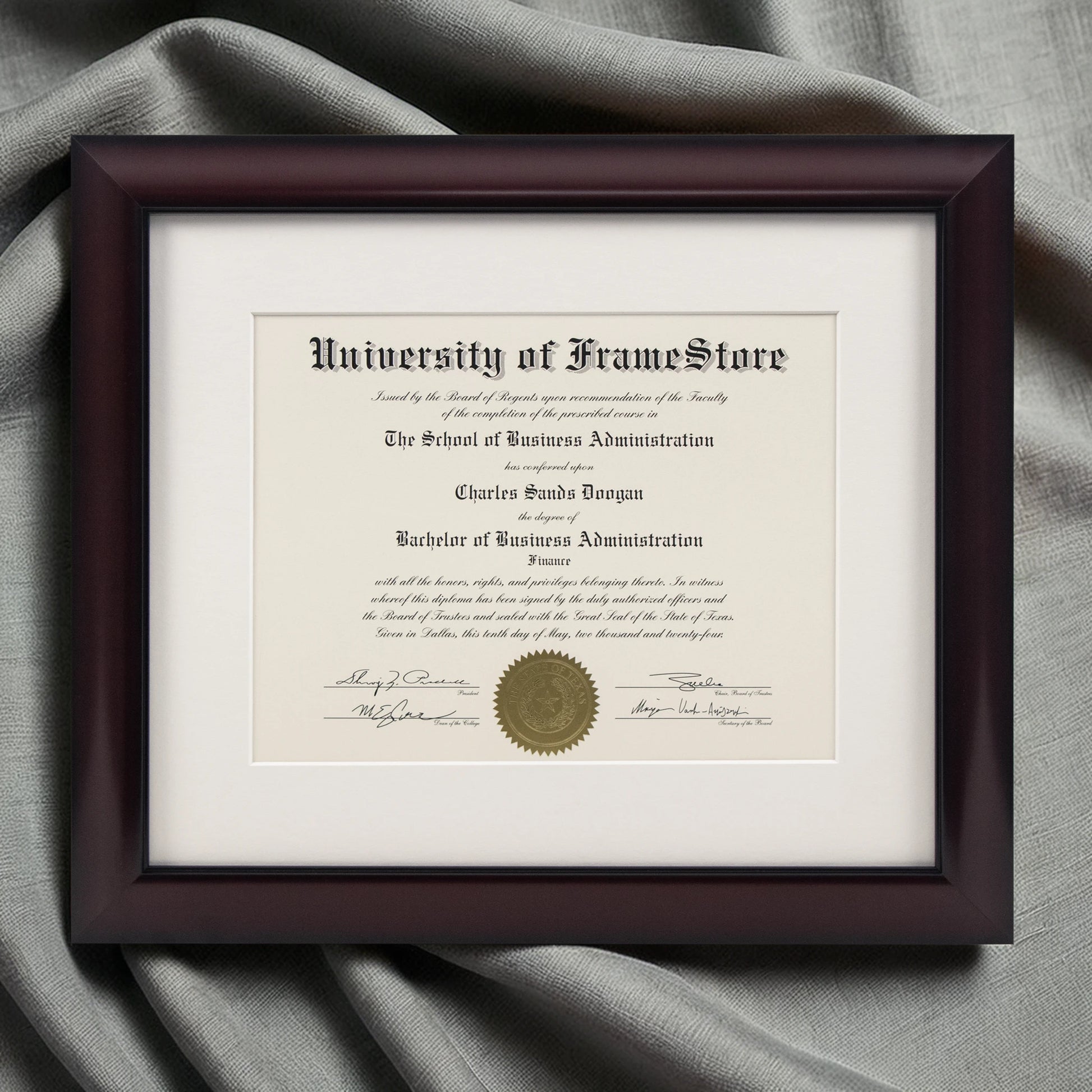 Classic Mahogany Diploma Frame - Off-White Matboard - Luxurious Finish Against Soft Fabric