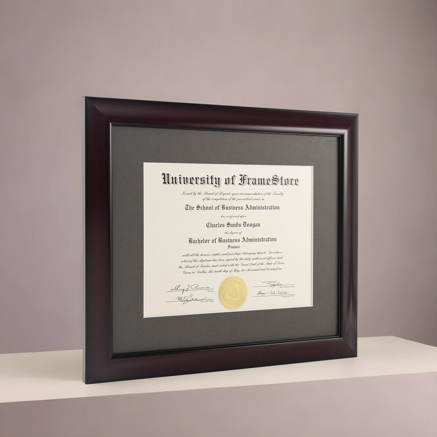 Classic Mahogany Diploma Frame - Gray Matboard - Angled Perspective for Depth