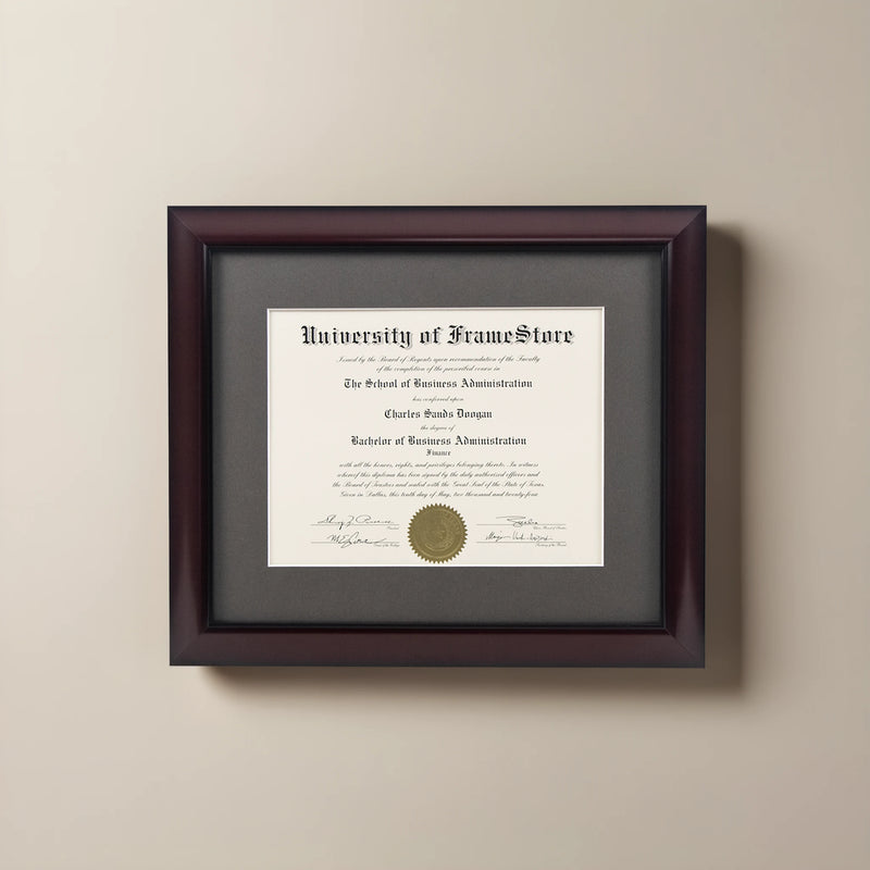 Classic Mahogany Diploma Frame - Gray Matboard - Straight-On Display