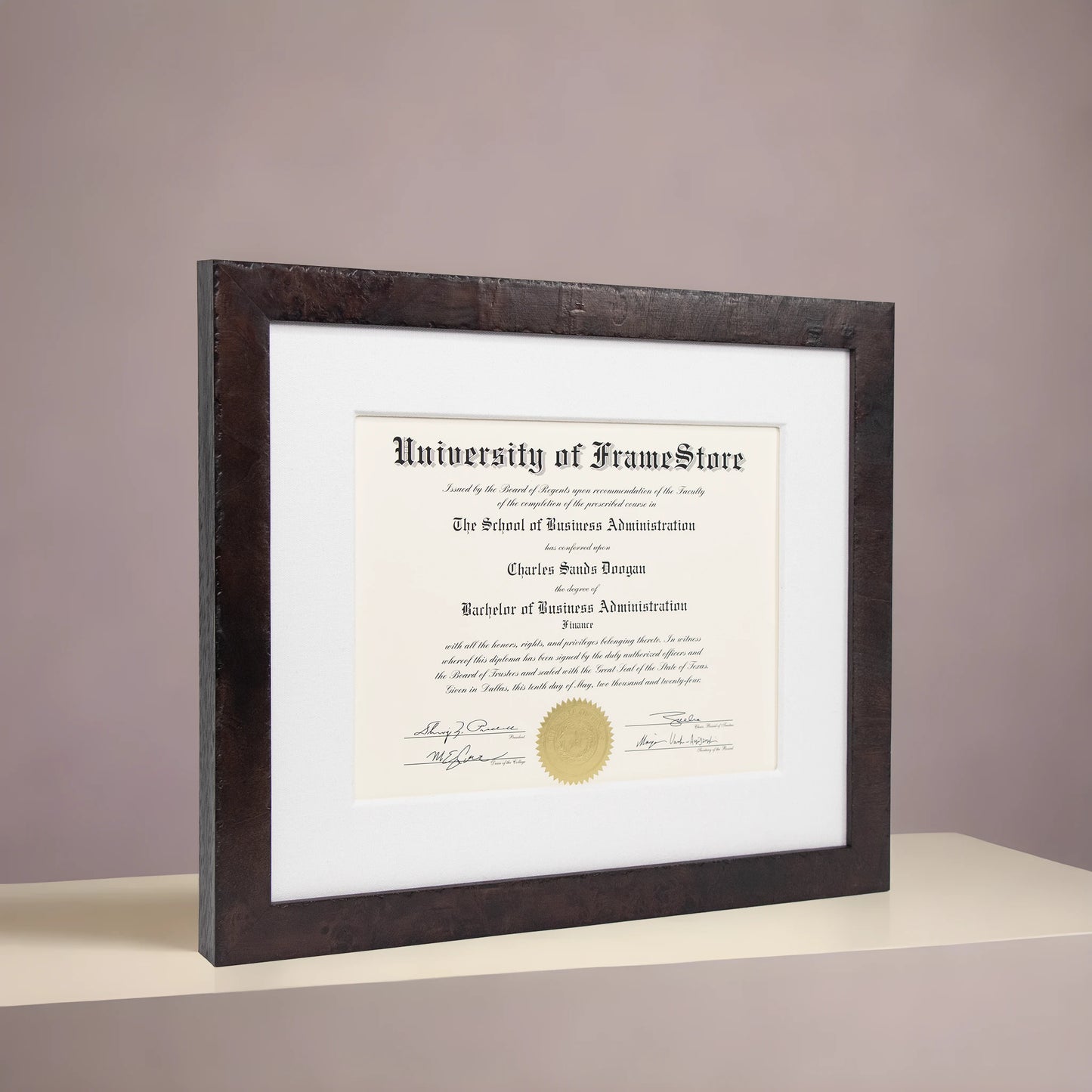 Modern Coffee Diploma Frame - White Cotton Matboard - Angled Perspective for Depth