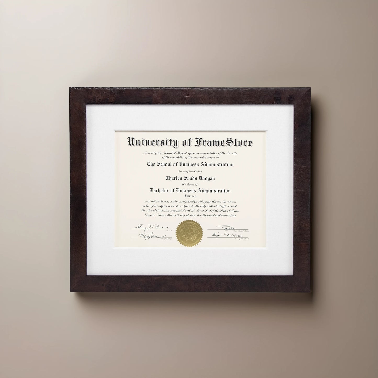 Modern Coffee Diploma Frame - White Cotton Matboard - Straight-On Display