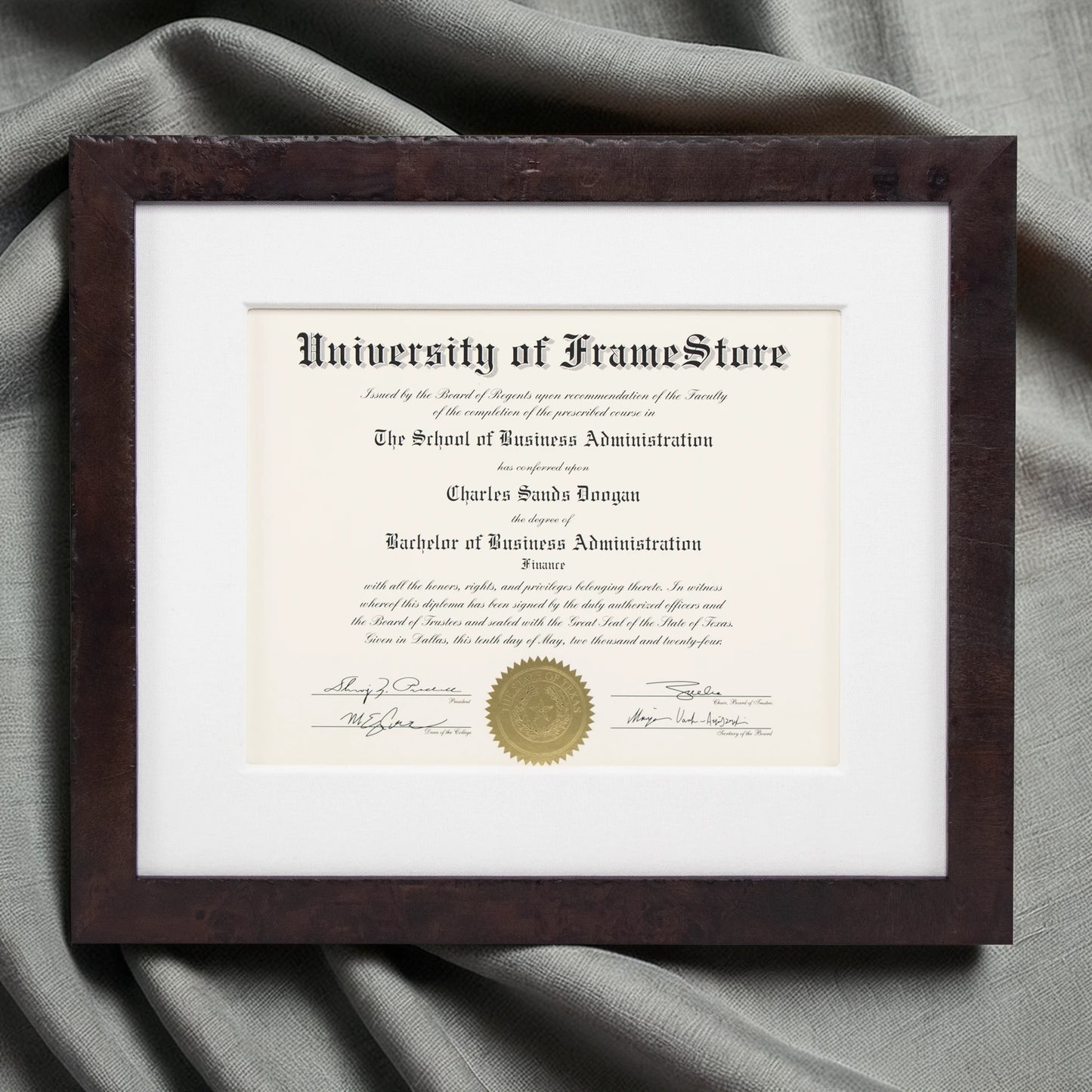 Modern Coffee Diploma Frame - White Cotton Matboard - Luxurious Finish Against Soft Fabric