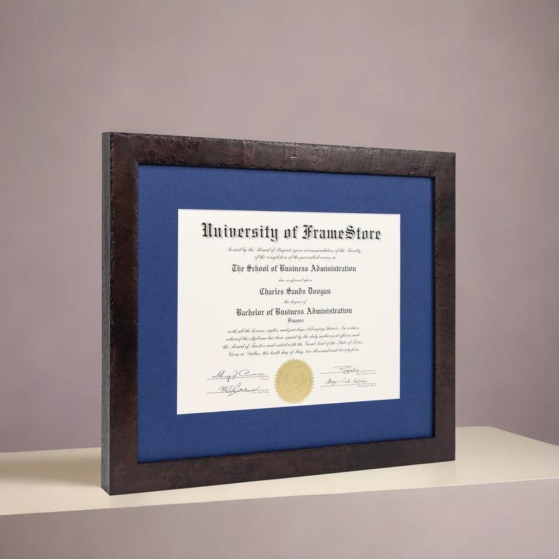 Modern Coffee Diploma Frame - Deep Blue Matboard - Angled Perspective for Depth