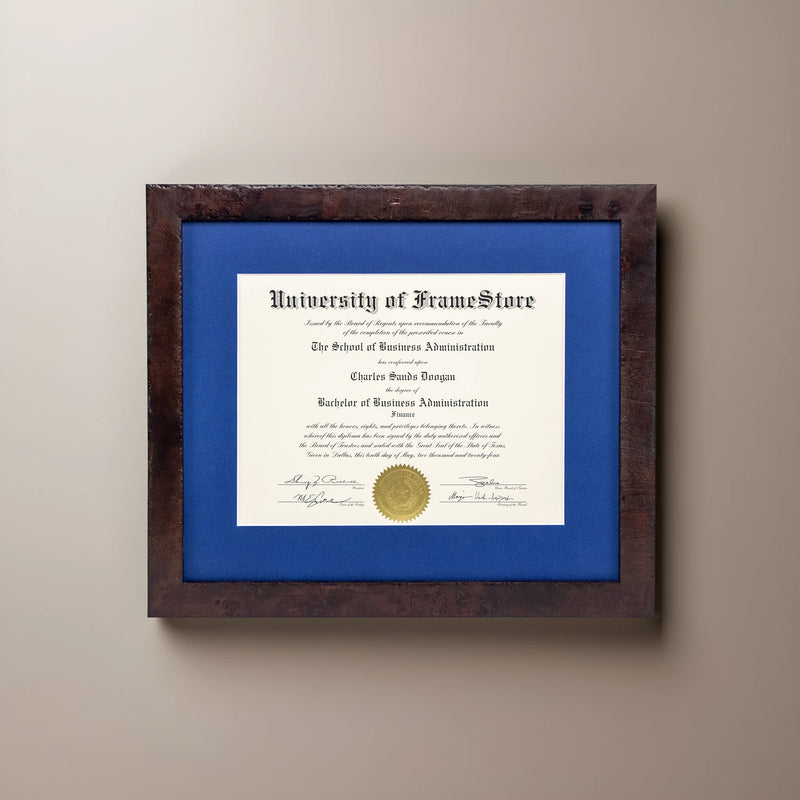 Modern Coffee Diploma Frame - Deep Blue Matboard - Straight-On Display