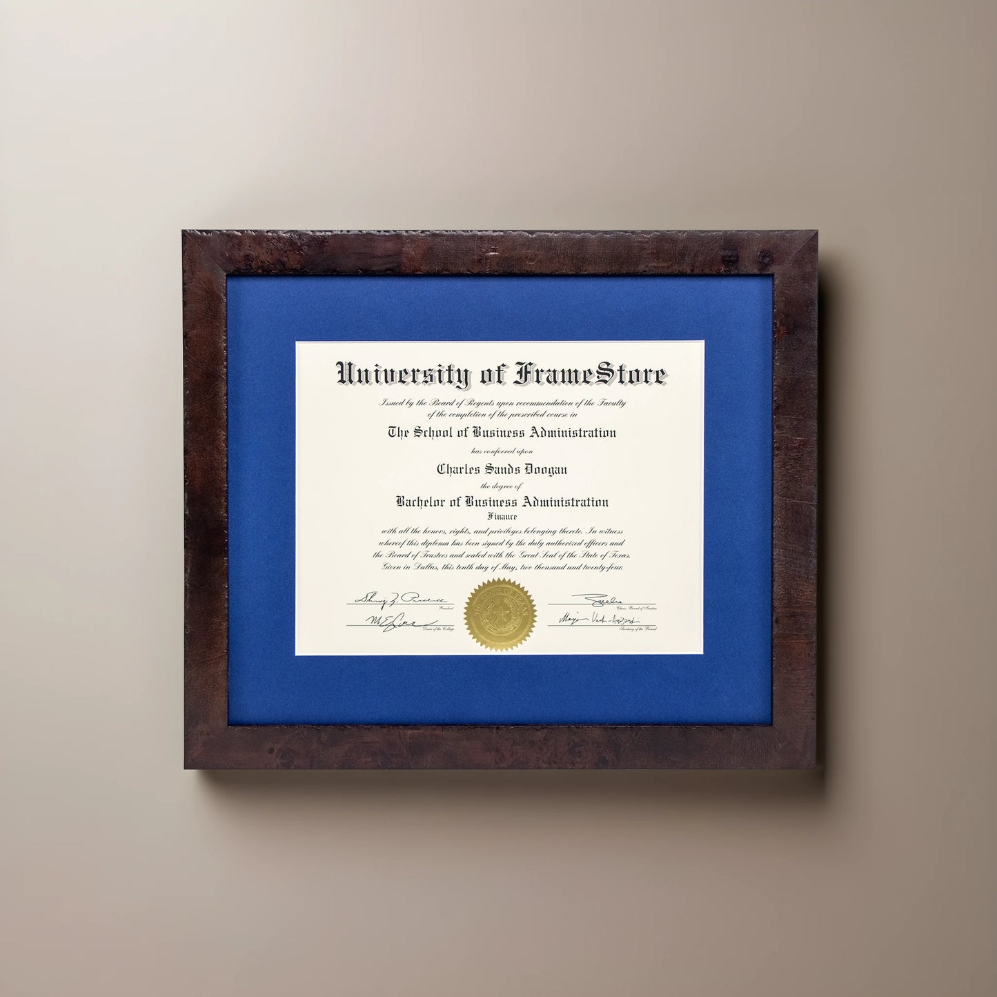 Modern Coffee Diploma Frame - Deep Blue Matboard - Straight-On Display