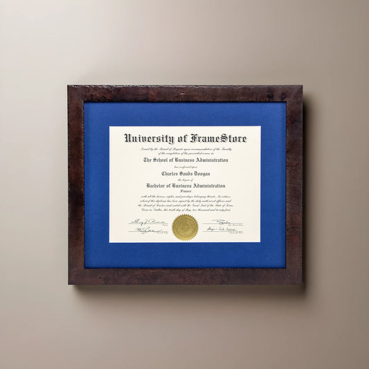 Modern Coffee Diploma Frame - Deep Blue Matboard - Straight-On Display