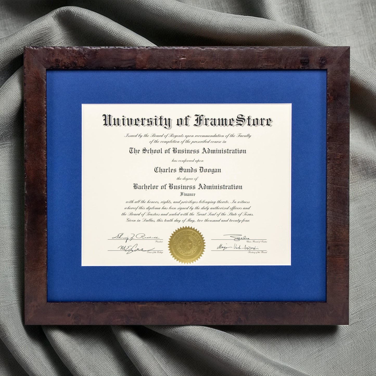 Modern Coffee Diploma Frame - Deep Blue Matboard - Luxurious Finish Against Soft Fabric