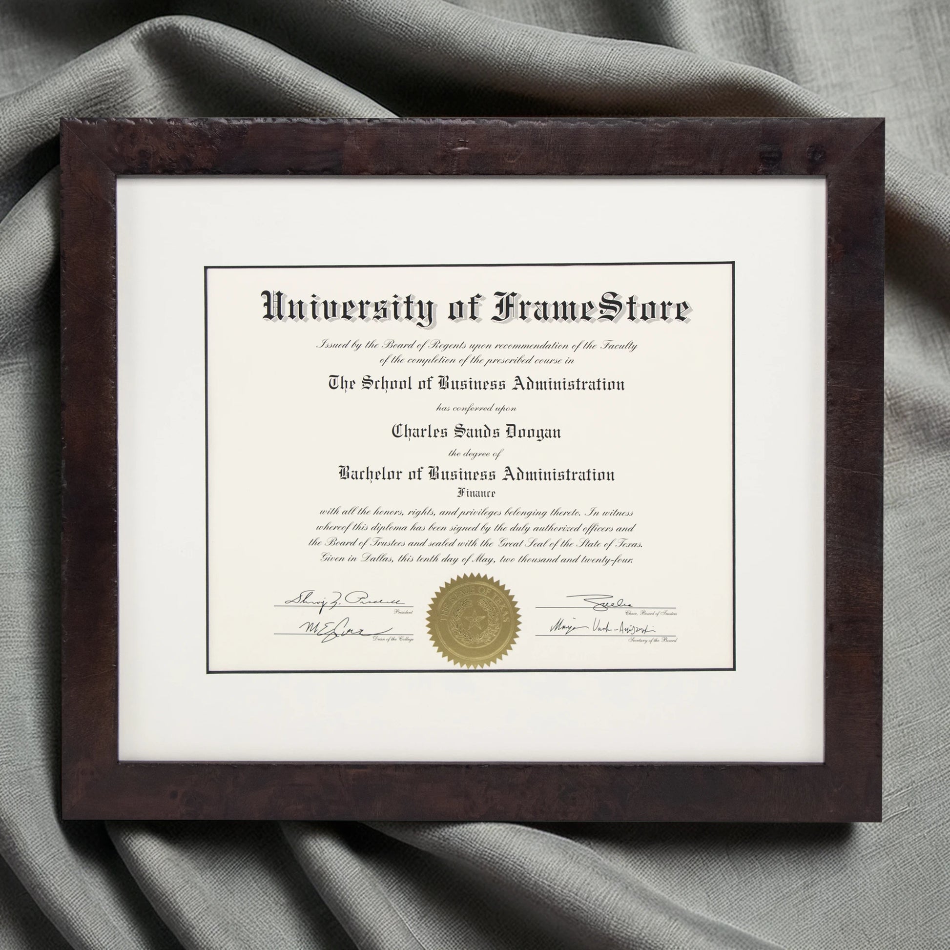Modern Coffee Diploma Frame - Dove Matboard - Luxurious Finish Against Soft Fabric