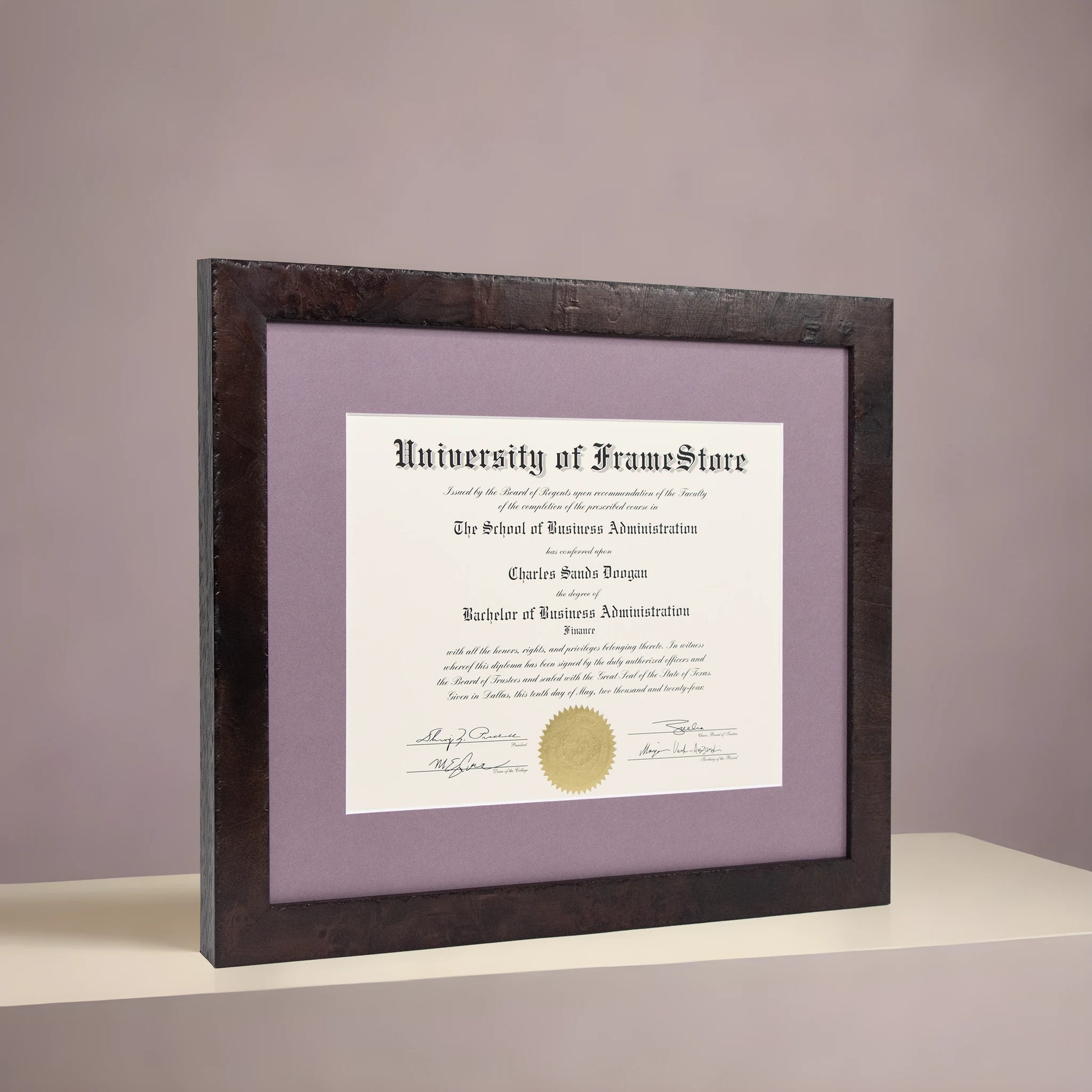 Modern Coffee Diploma Frame - Lillac Matboard - Angled Perspective for Depth