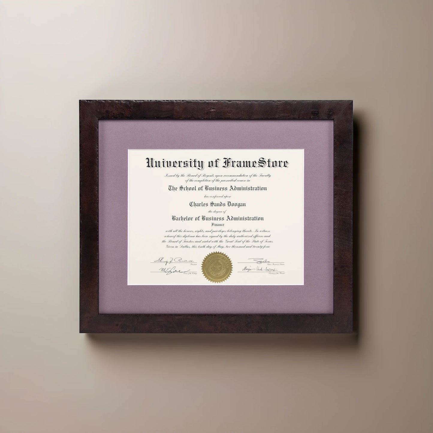 Modern Coffee Diploma Frame - Lillac Matboard - Straight-On Display