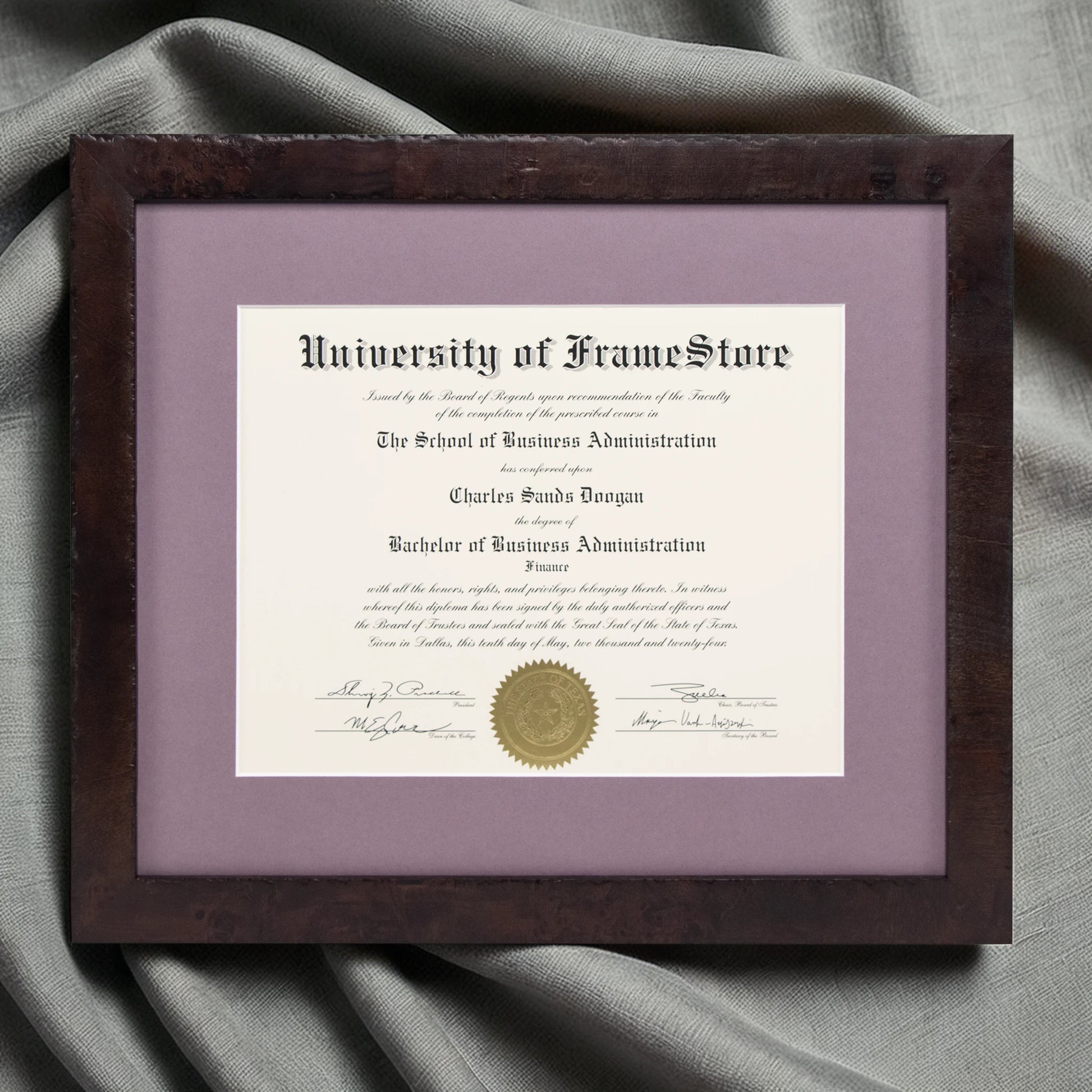 Modern Coffee Diploma Frame - Lillac Matboard - Luxurious Finish Against Soft Fabric
