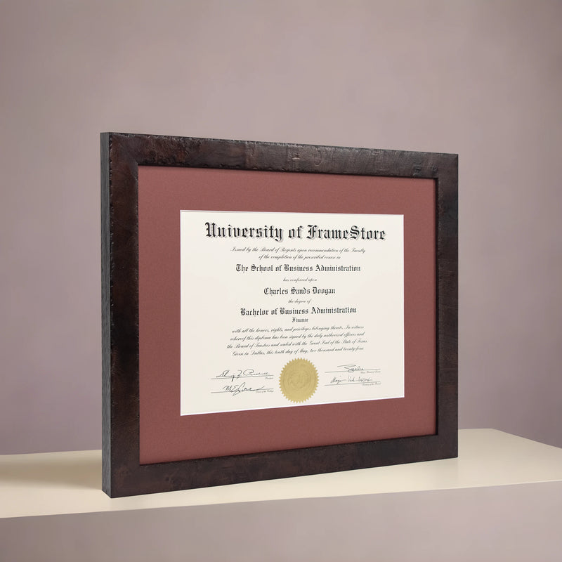 Modern Coffee Diploma Frame - Deep Red Matboard - Angled Perspective for Depth