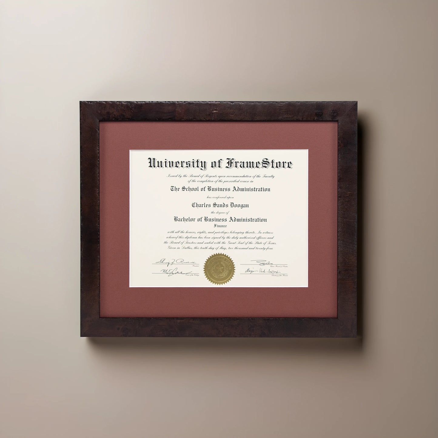 Modern Coffee Diploma Frame - Deep Red Matboard - Straight-On Display