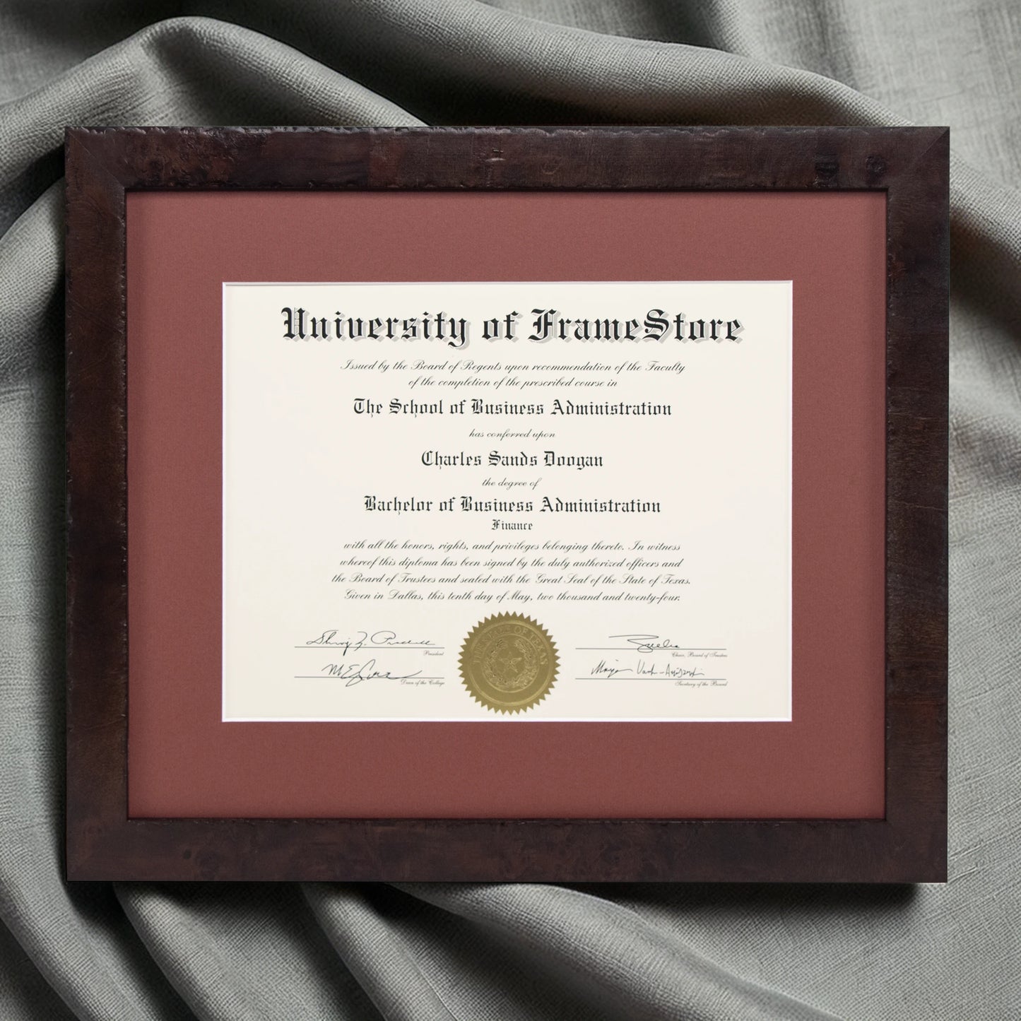 Modern Coffee Diploma Frame - Deep Red Matboard - Luxurious Finish Against Soft Fabric