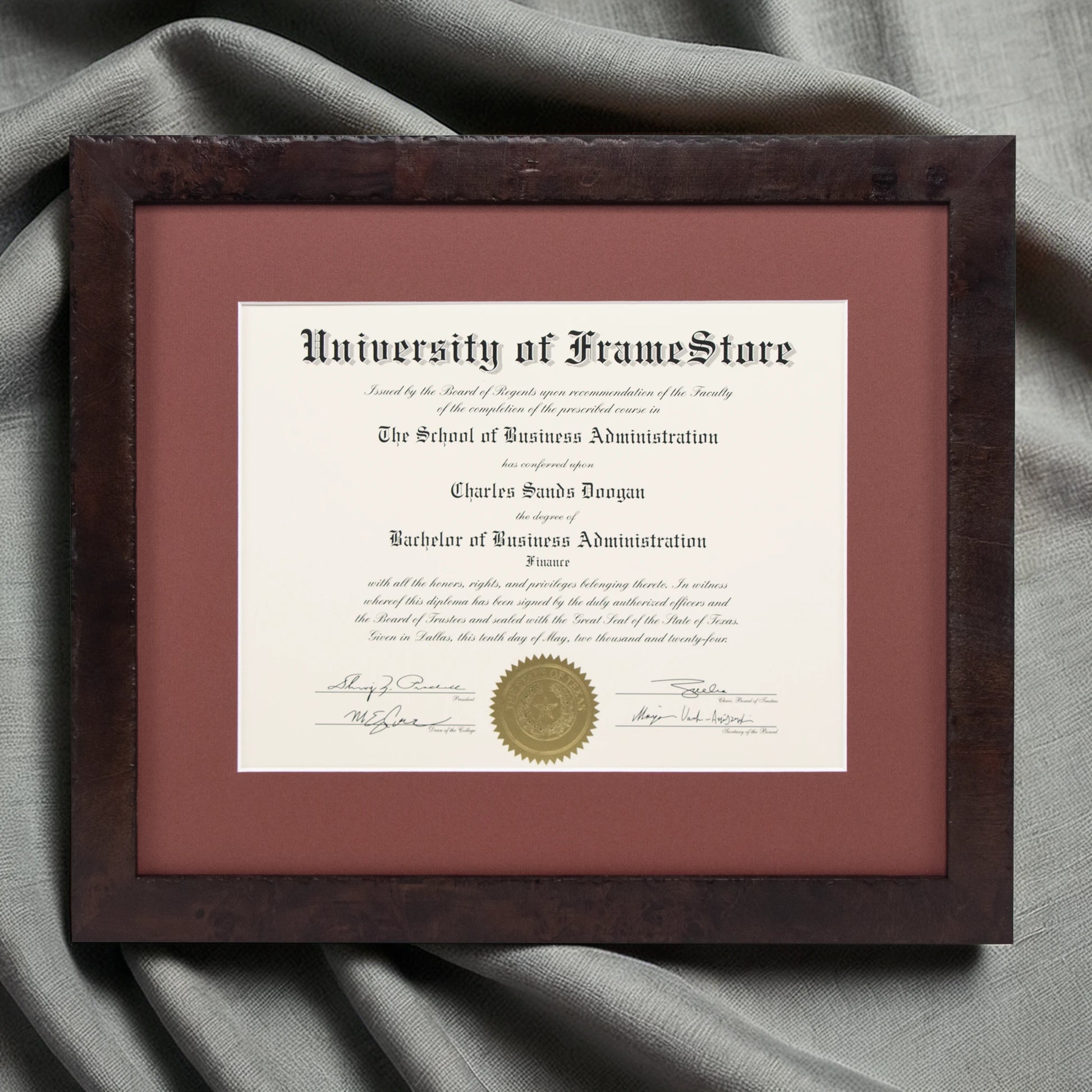 Modern Coffee Diploma Frame - Deep Red Matboard - Luxurious Finish Against Soft Fabric