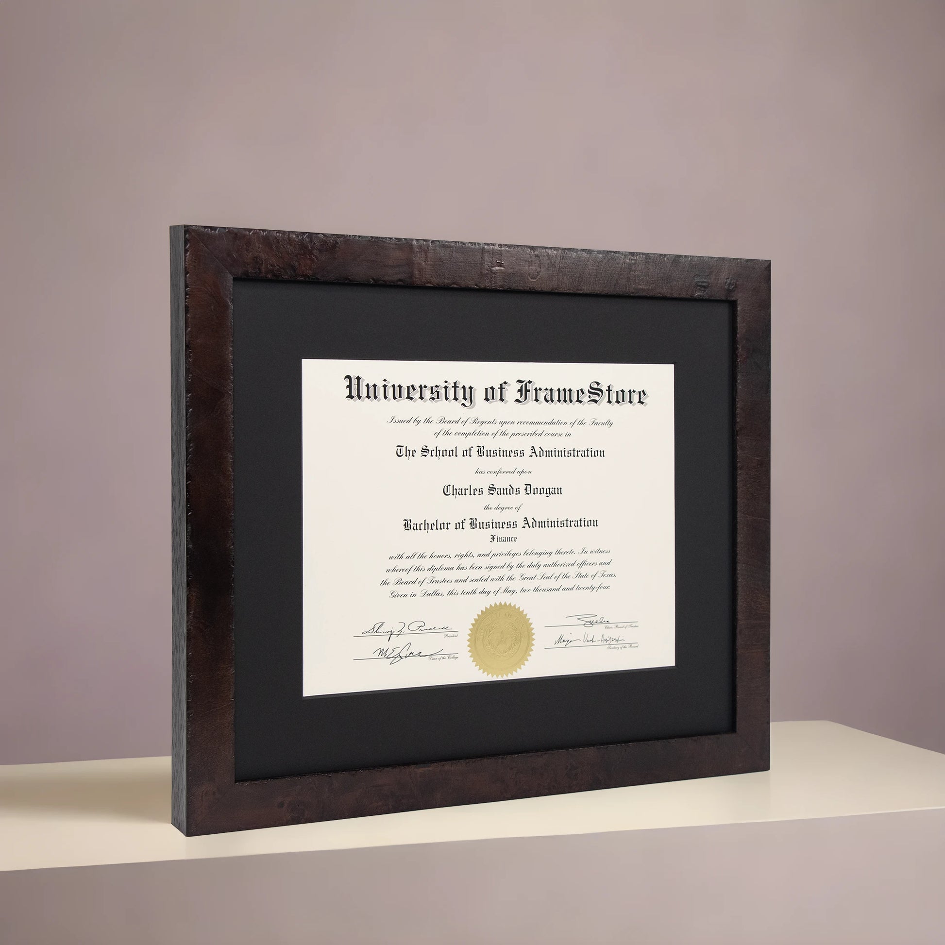 Modern Coffee Diploma Frame - Black Matboard - Angled Perspective for Depth