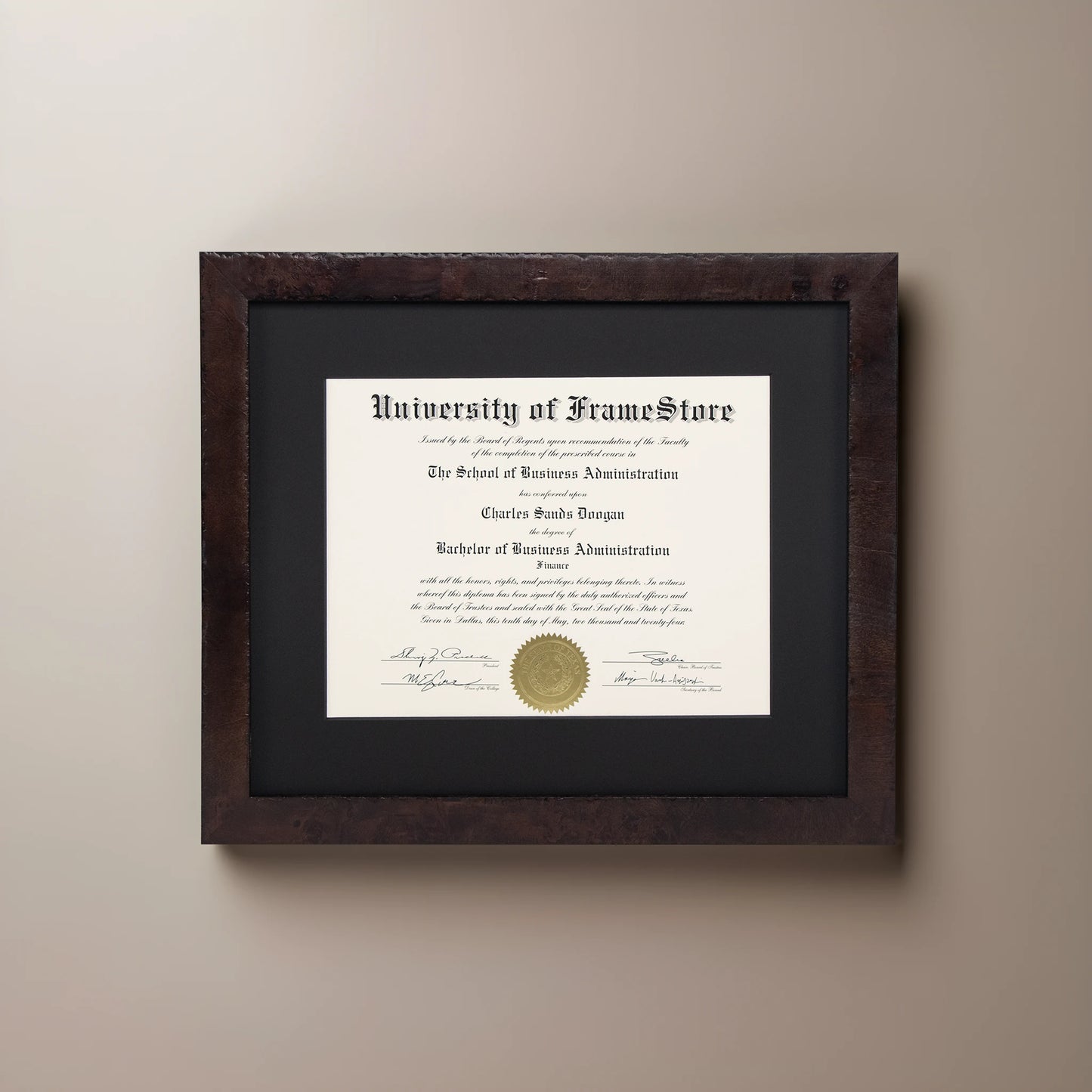 Modern Coffee Diploma Frame - Black Matboard - Straight-On Display