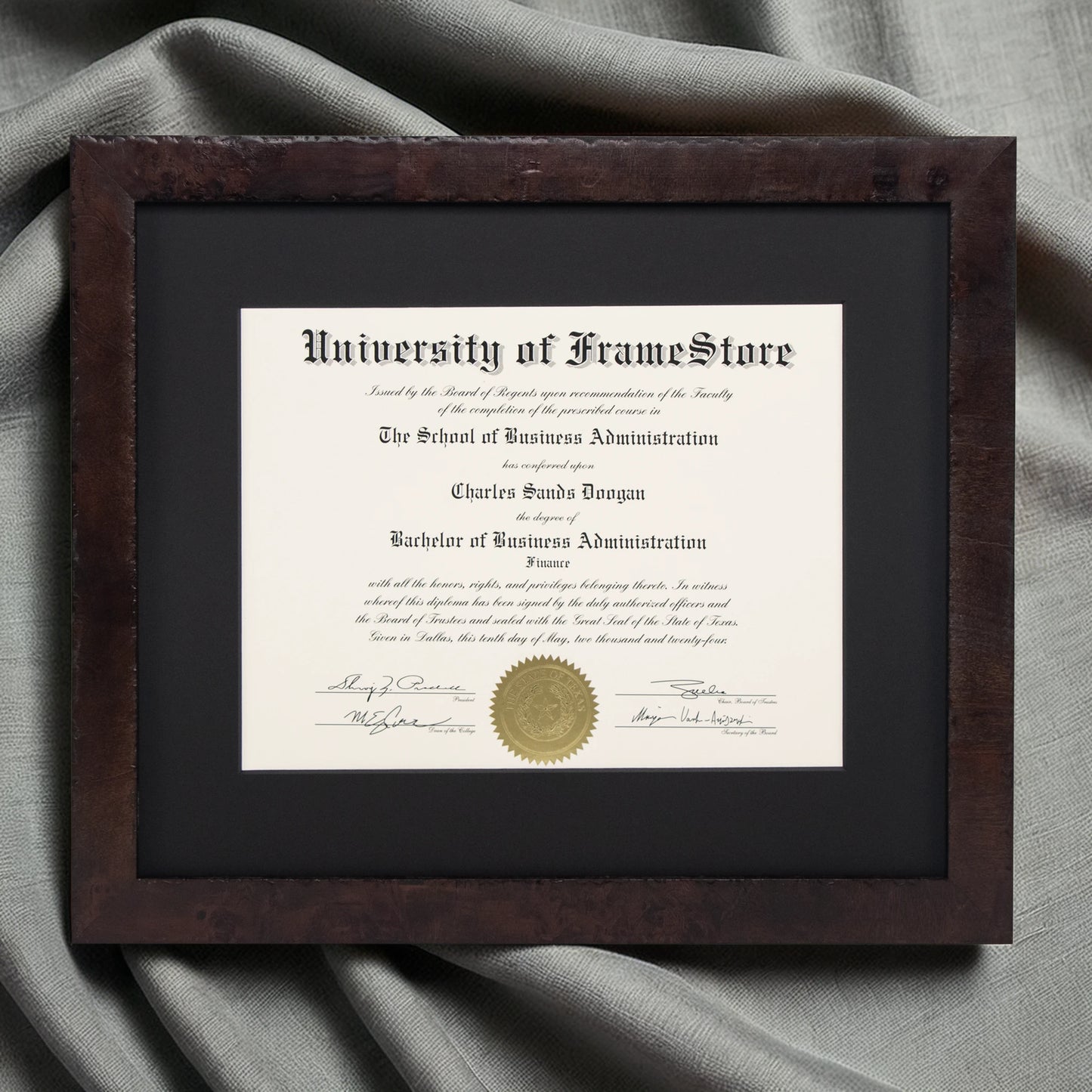 Modern Coffee Diploma Frame - Black Matboard - Luxurious Finish Against Soft Fabric